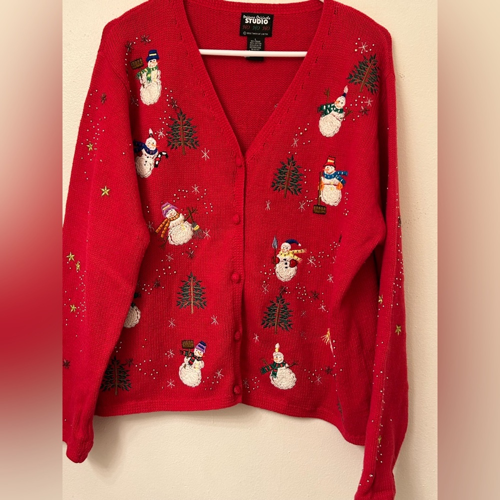 DESIGNERS ORIGINAL CHAINSTITCH EMBROIDERED SNOWMAN HUGE ON BACK BEADS SWEATER L